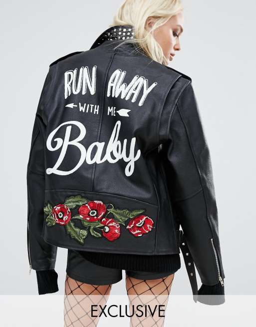 ASOS Premium Leather Biker Jacket With Floral Embroidery And Stud Detail in  Black