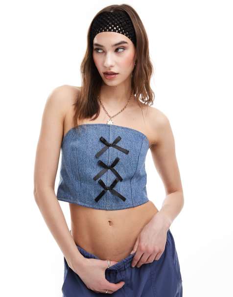 Reclaimed Vintage Revived x Glass Onion festival denim bandeau corset top with bows - view 1