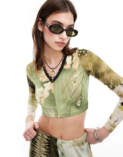 Reclaimed Vintage Revived x Glass Onion mixed print crop top with lace trim - view 1
