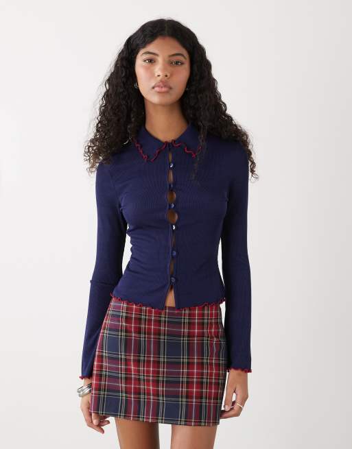 Reclaimed Vintage rib collar cardigan with contrast lettuce edge in navy