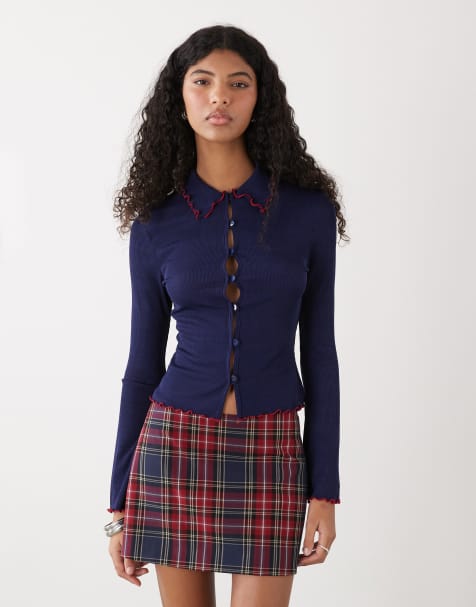 Reclaimed Vintage rib knit collared cardigan with contrast lettuce edges in navy - view 1