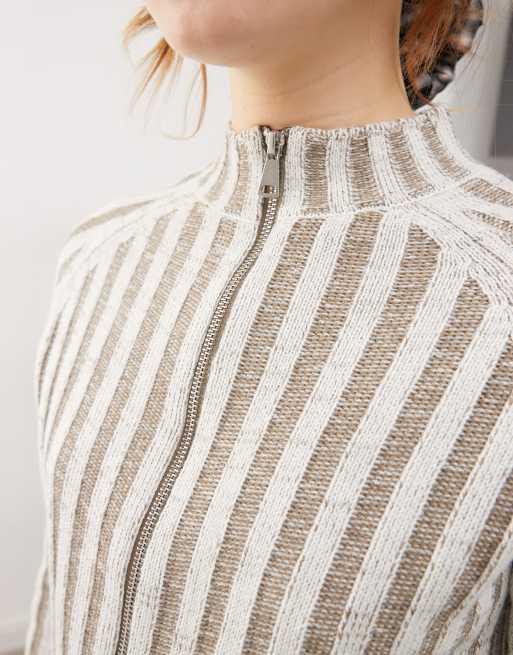 Reclaimed Vintage rib knit zip cardigan in stone, 3 of 4