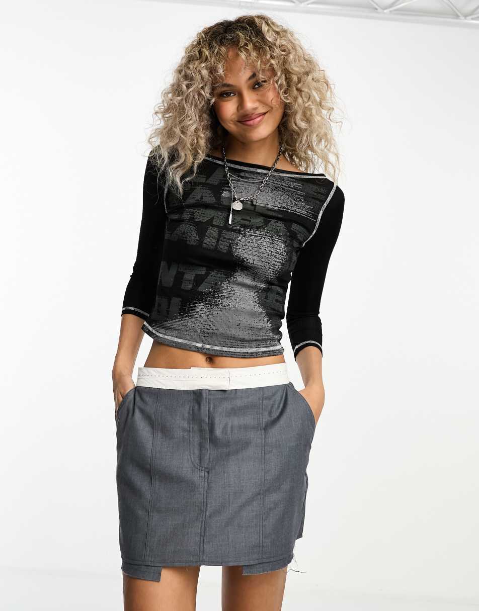 Reclaimed Vintage rib slash neck top with blurred print in black