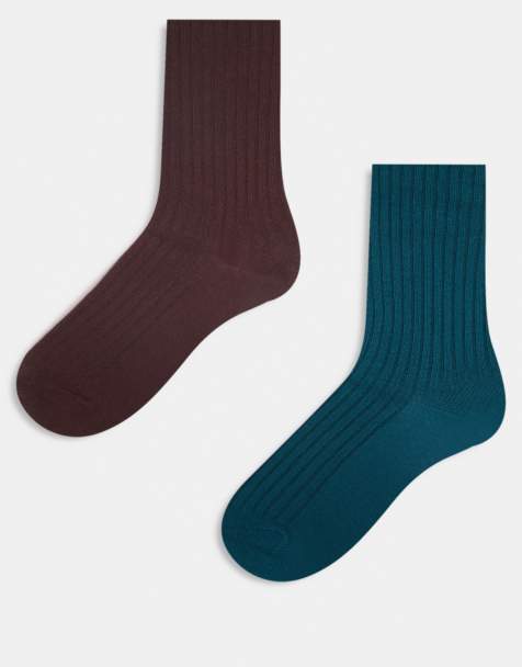 Reclaimed Vintage ribbed ankle length sock 2 pack in chocolate brown and emerald green - view 1