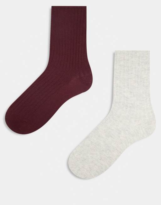 Reclaimed Vintage ribbed ankle length socks 2 pack in burgundy and light grey