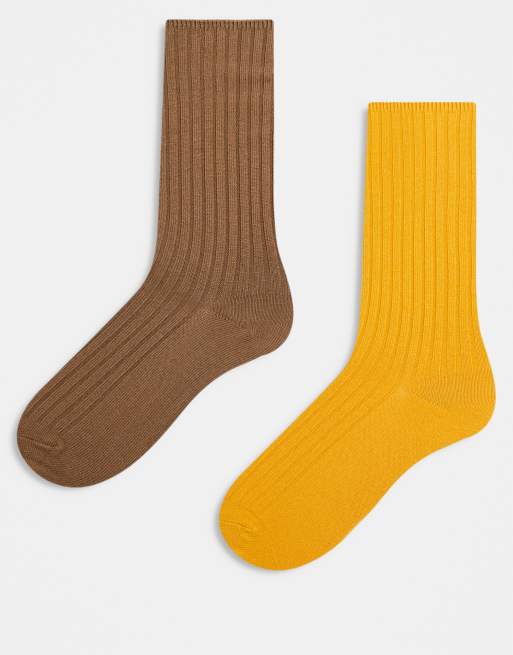 Reclaimed Vintage ribbed ankle length socks 2 pack in mustard and light brown