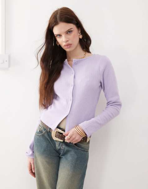 Reclaimed Vintage ribbed button through top in lilac - view 1