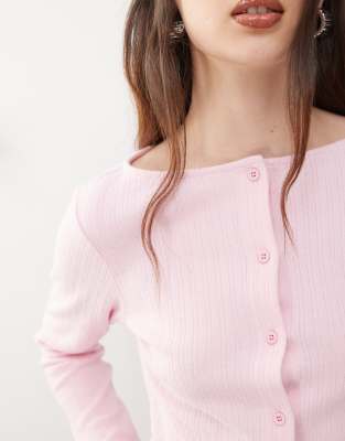 Reclaimed Vintage Ribbed Button Up Top In Pink
