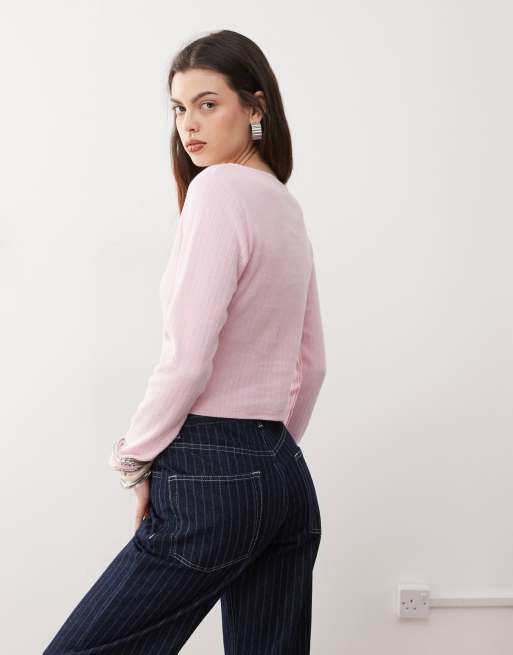Reclaimed Vintage ribbed button up top in light pink, 4 of 4