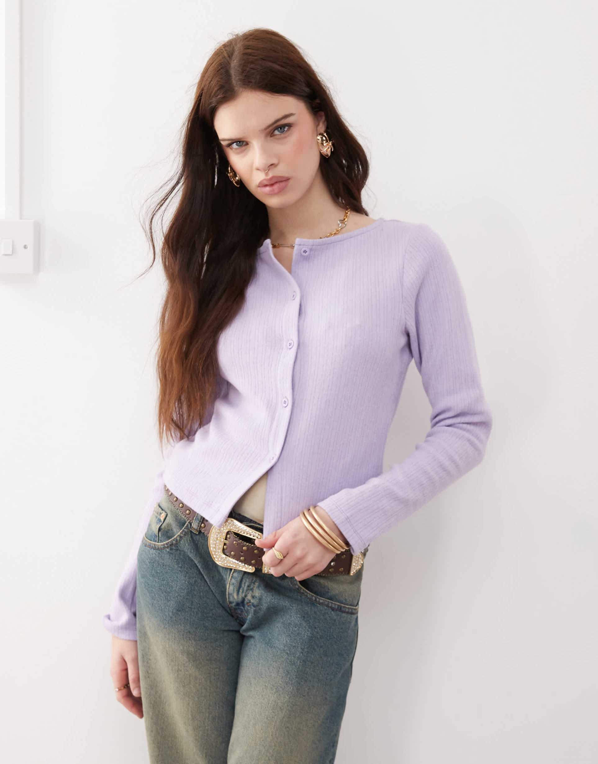 reclaimed vintage ribbed button up top in lilac