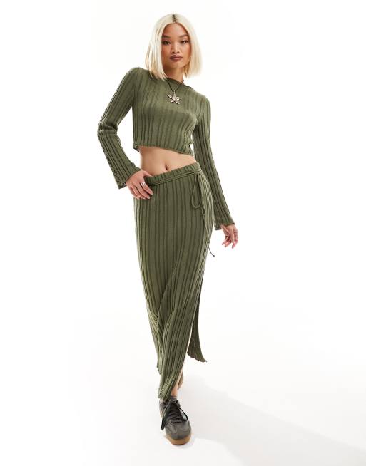Reclaimed Vintage ribbed knit midi skirt with tie detail in khaki - part of a set