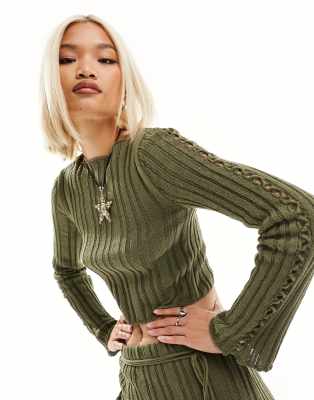 Reclaimed Vintage ribbed knitted top with lace sleeve detail in khaki co-ord - ASOS Price Checker