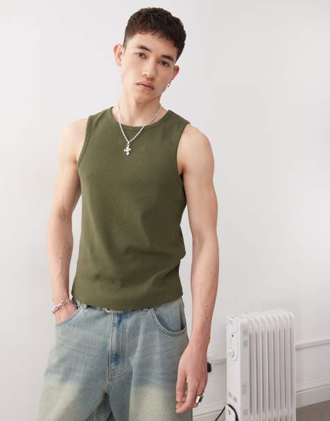 Reclaimed Vintage ribbed racer muscle fit singlet in olive green - view 1