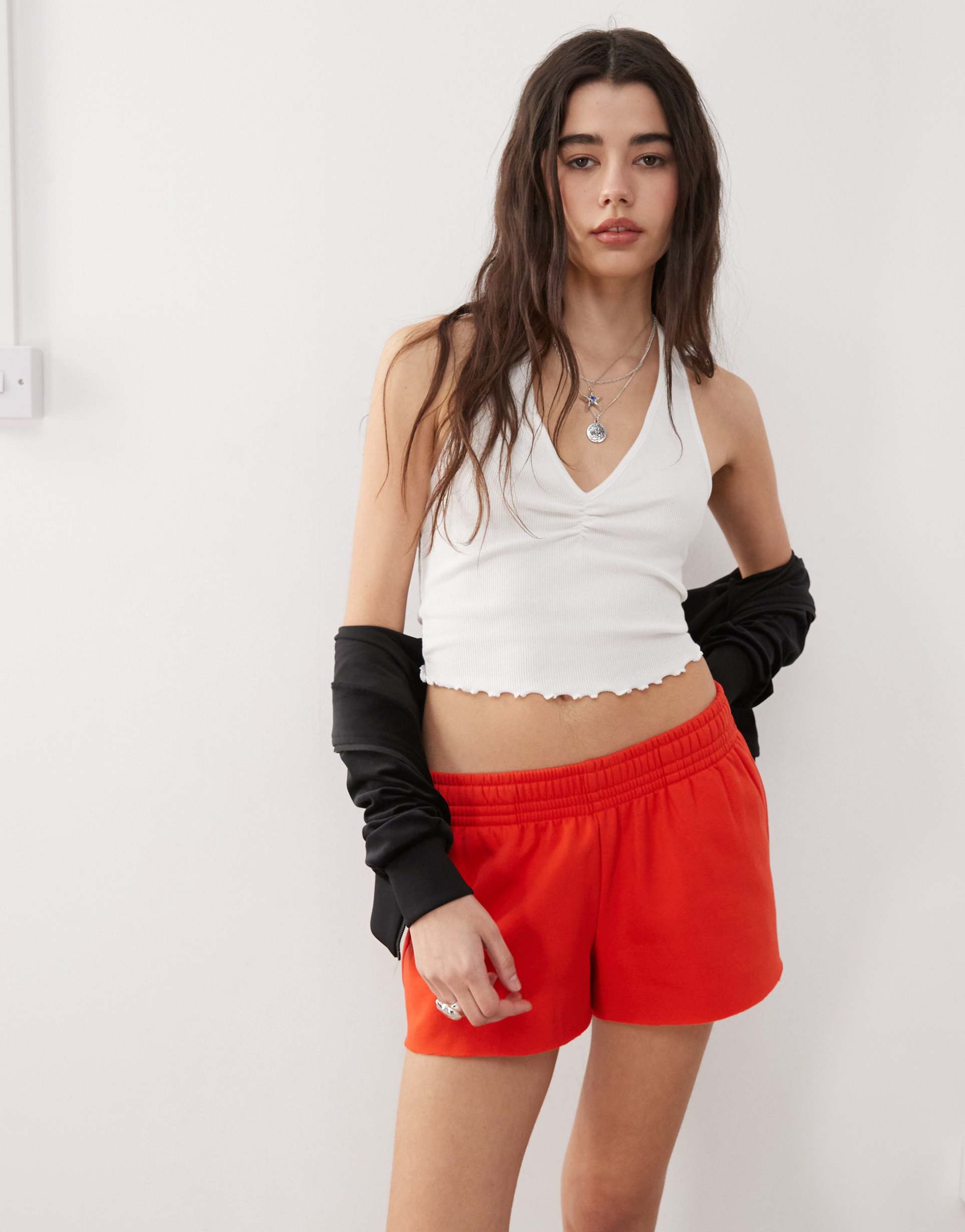 reclaimed vintage ribbed ruched halter neck top in white