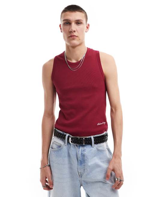 Reclaimed Vintage ribbed singlet with logo in burgundy