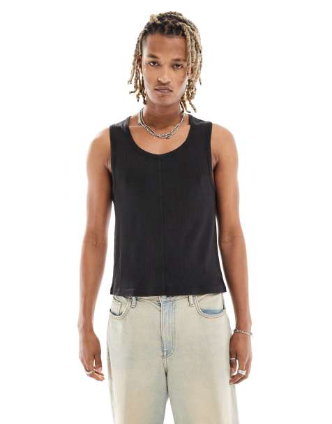 Reclaimed Vintage ribbed singlet with seaming detail in washed black - view 1