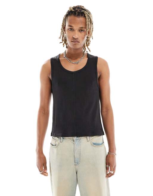 Reclaimed Vintage ribbed singlet with seaming detail in washed black 