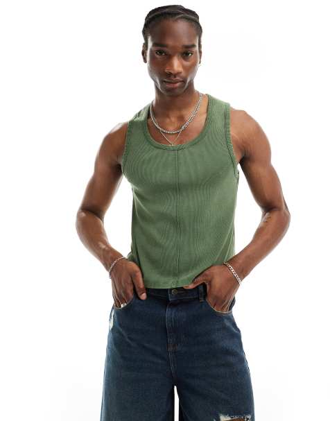 Reclaimed Vintage ribbed singlet with seaming detail in washed khaki - view 1