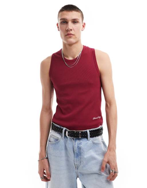 Reclaimed Vintage ribbed tank top with logo in burgundy