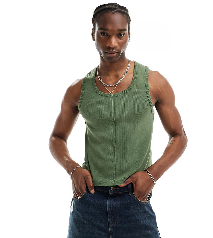 Reclaimed Vintage ribbed vest with seaming detail in washed khaki-Green