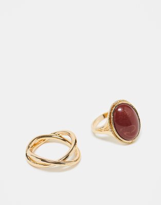 Reclaimed Vintage Reclaimed Vintage ring 2 pack with red stone in gold
