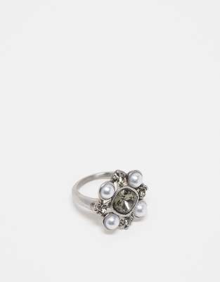 Reclaimed Vintage - Ring aus Edelstahl mit Stein- und Perlenbesatz-Silber