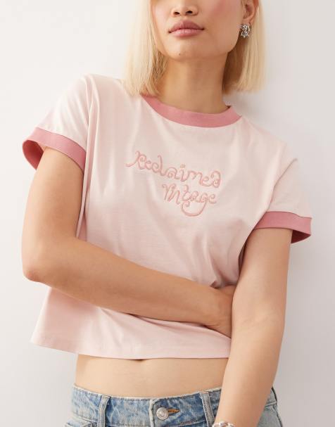 Reclaimed Vintage ringer baby tee with embroidered branding in baby pink - view 1