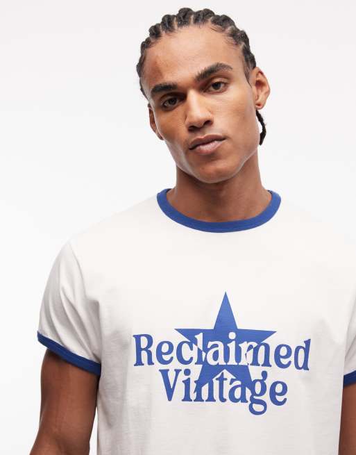 Reclaimed Vintage ringer tee with star print in white and navy blue