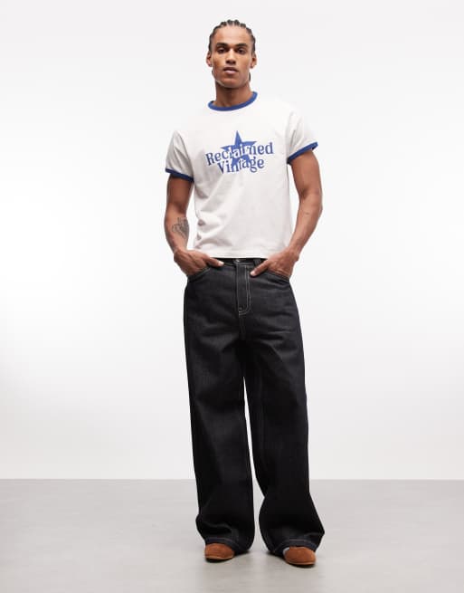 Reclaimed Vintage ringer tee with star print in white and navy blue, 3 of 5