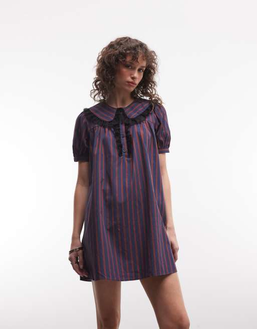 Reclaimed Vintage - Robe babydoll à rayures avec col Claudine - Bleu marine