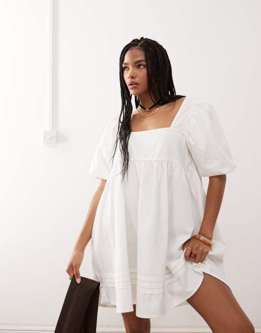 Reclaimed Vintage - Robe babydoll courte en denim à manches bouffantes et nervures - Écru 