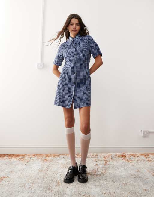 Robe Midi Boutonnée Carreaux Marine/bleu/gris – Polyester, Taille ~44, Manches Longues – Très Bon état