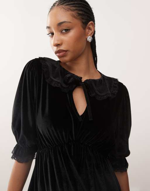 Reclaimed Vintage - Robe courte à col en velours avec empiècements en dentelle - Noir, 3 de 4