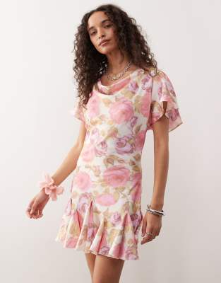 Reclaimed Vintage - Robe courte à fleurs vintage avec col bénitier et taille basse-Multicolore