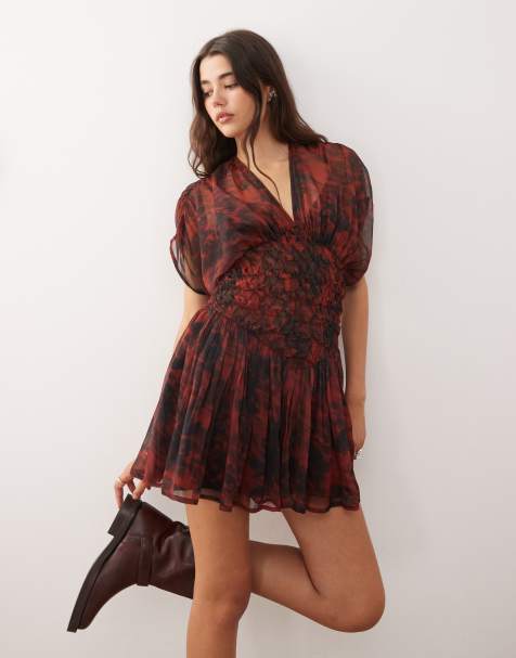 Reclaimed Vintage - Robe courte à imprimé effet flou avec mancherons et taille froncée - Rouge - view 1
