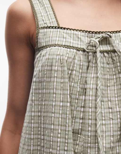Reclaimed Vintage - Robe courte bordée de dentelle à coutures sur les hanches - Vichy vert, 3 de 4
