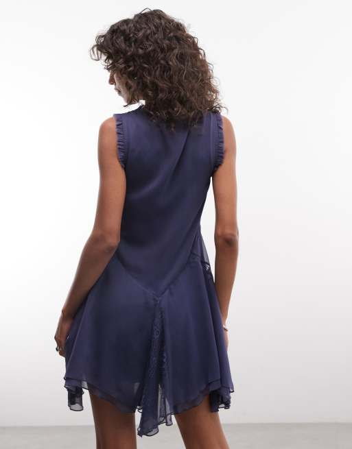 Reclaimed Vintage - Robe décontractée à col V et détail en dentelle échelle - Bleu foncé, 2 de 4