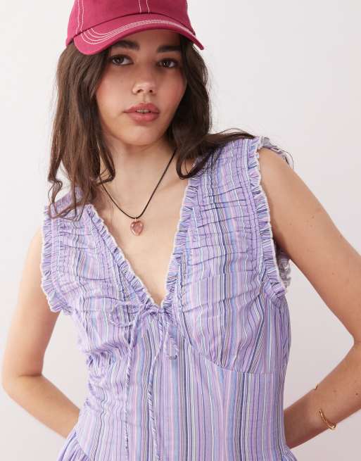 Reclaimed Vintage - Robe d'été à détails froncés et rayures - Violet bonbon, 3 de 4