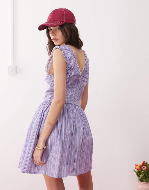Reclaimed Vintage - Robe d'été à détails froncés et rayures - Violet bonbon, 4 de 4