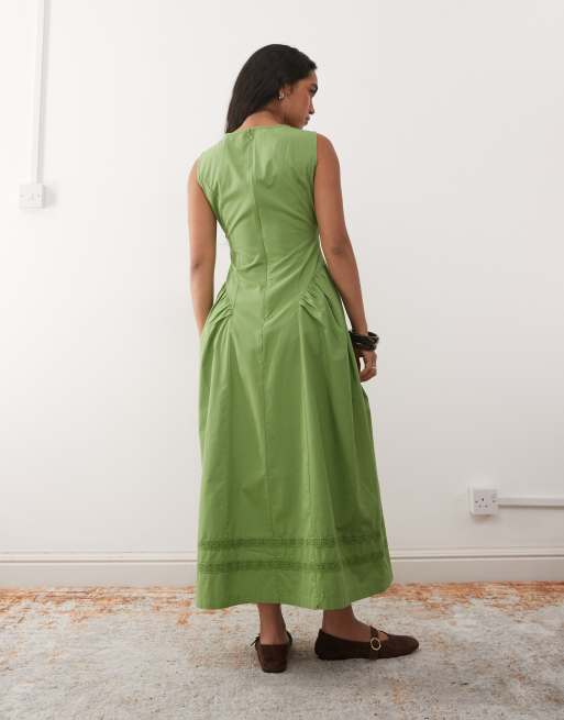 Reclaimed Vintage - Robe d'été mi-longue à taille basse et bordures en dentelle - Vert, 4 de 4