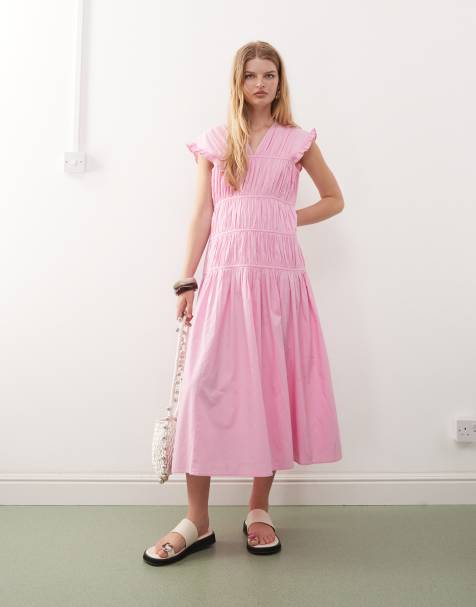 Reclaimed Vintage - Robe d'été mi-longue avec manches ange et surpiqûres - Rose - view 1