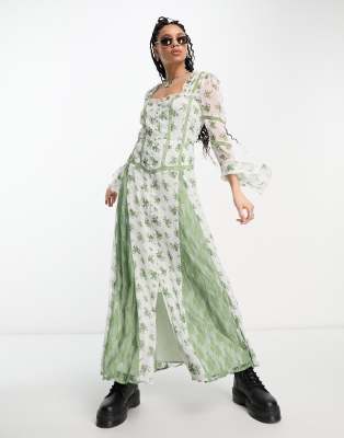 Robe Longue Femme Danny Noble Taille 14 - Imprimé Floral Brodé - Boutonnée Devant - Occasion Très Bon état