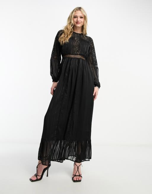 Reclaimed Vintage - Robe longue satinée avec dentelle variée - Noir, 4 de 4
