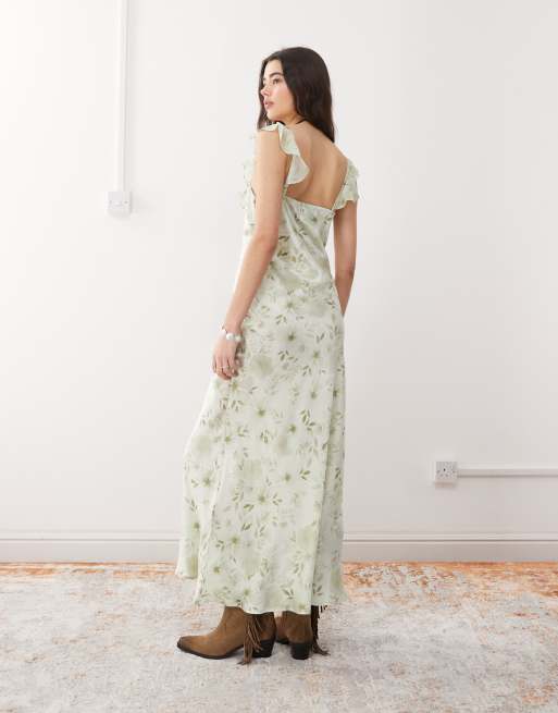Reclaimed Vintage - Robe longues à fleurs avec bretelles et manches évasées - Vert , 4 de 4
