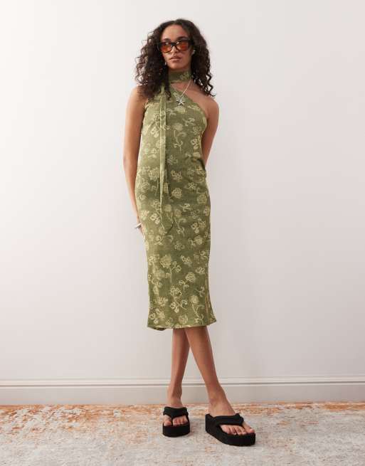 Reclaimed Vintage - Robe mi-longue asymétrique avec effet foulard - Vert imprimé