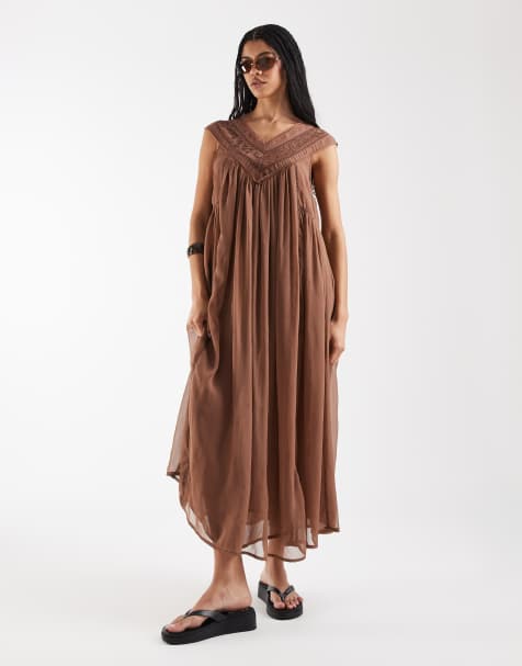 Reclaimed Vintage - Robe mi-longue avec col en dentelle - Marron - view 1