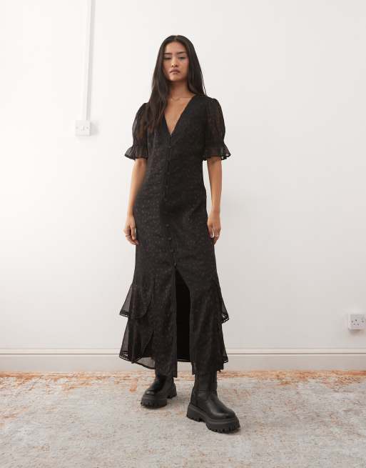 Reclaimed Vintage - Robe mi-longue boutonnée à volants et petites fleurs - Noir