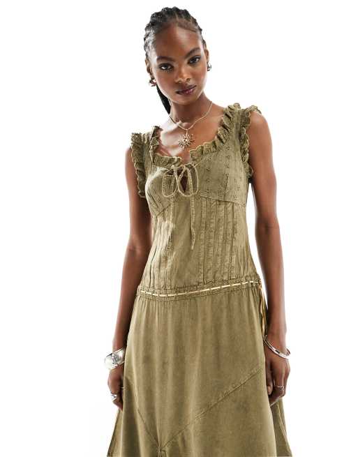 Reclaimed Vintage Robe mi longue en serge tendance folk style western Kaki delave