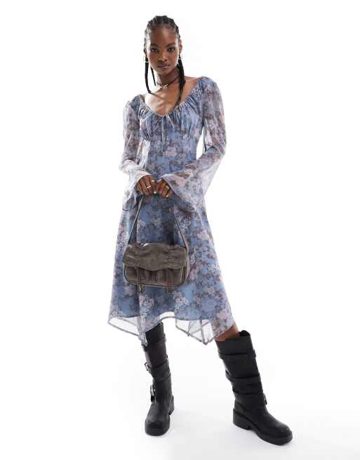 Reclaimed Vintage Robe retro mi longue a manches longues avec imprime fleurs ASOS