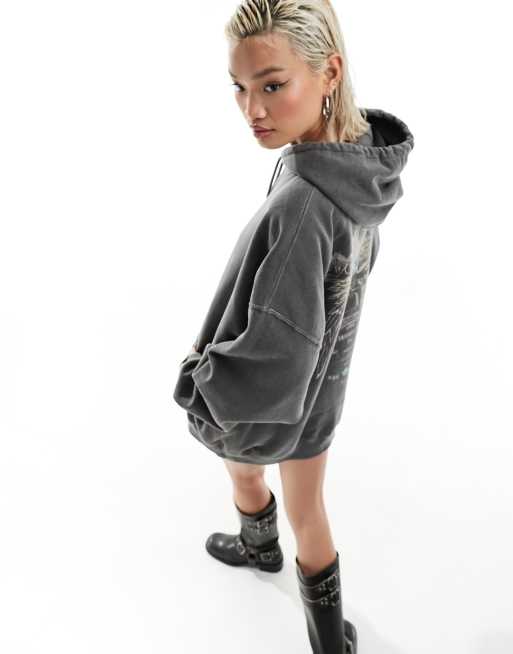 Reclaimed Vintage - Robe sweat à capuche avec motif céleste - Anthracite délavé 